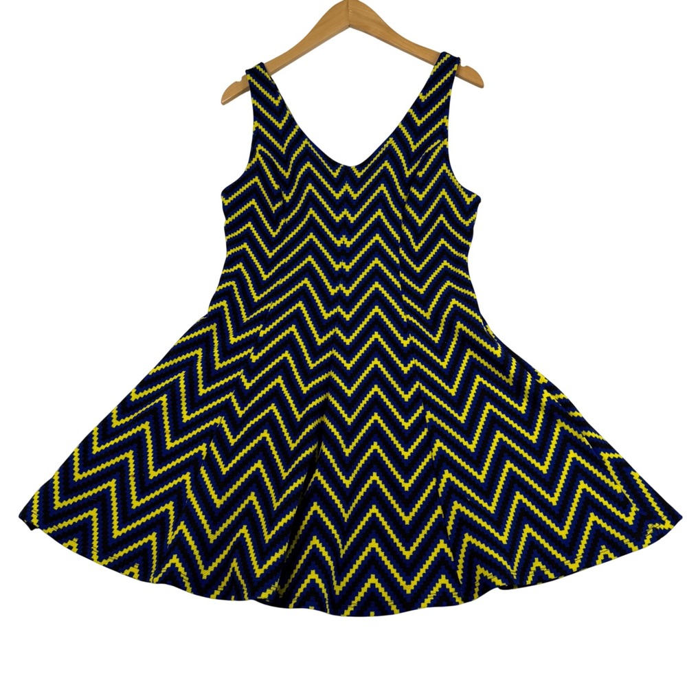 G Reve Womens Chevron Zigzag Skater Dress Yellow Blue Black V Neck Mini 2197